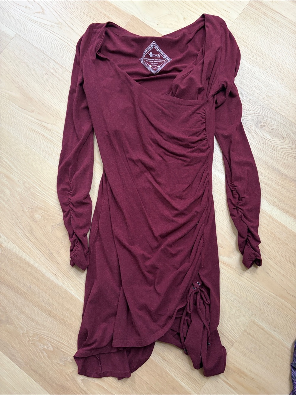 Long Sleeve Burgundy Draped Wrap Dress